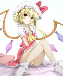 Rule 34 | 1girl, aibumi, ascot, bad id, bad pixiv id, bed, bed sheet, between legs, blonde hair, blush, bow, dress, embodiment of scarlet devil, female focus, flandre scarlet, hand between legs, hat, highres, looking at viewer, no shoes, pen-zin, pillow, red eyes, ribbon, short hair, side ponytail, simple background, sitting, smile, socks, solo, touhou, transparent background, v arms, white background, wings