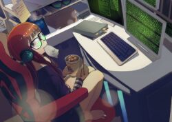 Rule 34 | 1girl, at computer, book, brown eyes, brown hair, chair, chopsticks, computer, glasses, headphones, highres, holding, holding chopsticks, keyboard (computer), lens flare, long hair, mouth hold, nissin cup noodle, persona, persona 5, sakura futaba, sitting, solo, sunglasses, takuko