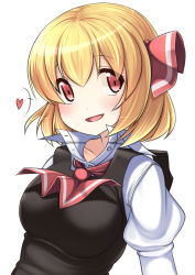 Rule 34 | 1girl, ascot, blonde hair, bow, breasts, hair bow, hair ribbon, highres, long sleeves, nakamura kusata, open mouth, red eyes, ribbon, rumia, shirt, short hair, smile, solo, touhou, vest, white background
