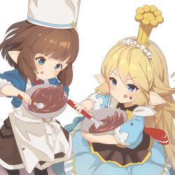 Rule 34 | 2girls, :q, apron, bad id, bad twitter id, blonde hair, blue dress, blunt bangs, blush, bowl, bridgette (granblue fantasy), brown hair, character request, charlotta (granblue fantasy), check character, chef hat, chocolate, chocolate on face, commentary request, crown, dress, flipped hair, food, food on face, granblue fantasy, hair between eyes, harvin, hat, long hair, maid headdress, multiple girls, o (rakkasei), pointy ears, puffy short sleeves, puffy sleeves, short sleeves, simple background, smile, tongue, tongue out, v-shaped eyebrows, valentine, very long hair, whisk, white apron, white background