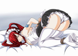 Rule 34 | 1girl, angry, ass, bare shoulders, bdsm, bondage, bound, bound ankles, bound wrists, breasts, brown eyes, erza scarlet, fairy tail, female focus, gradient background, hair over one eye, headdress, highres, large breasts, long hair, maid, maid headdress, murabito sono2, panties, red hair, sideboob, solo, sweatdrop, thighhighs, underwear, upskirt, white thighhighs