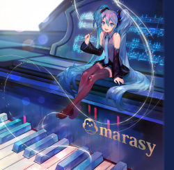Rule 34 | 1girl, album cover, aqua eyes, aqua hair, boots, cover, detached sleeves, hatsune miku, highres, instrument, long hair, looking at viewer, mifuji, miniskirt, musical note, necktie, open mouth, piano, skirt, solo, thigh boots, thighhighs, twintails, very long hair, vocaloid, zettai ryouiki
