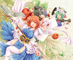 Rule 34 | 2girls, apple, ascot, blue dress, breasts, card, closed eyes, coin, commentary request, cross-laced clothes, dress, food, frilled hat, frills, fruit, green hair, hair bobbles, hair ornament, hat, holding, holding scythe, ichirino minagi, large breasts, multiple girls, obi, onozuka komachi, playing card, red ascot, red eyes, red hair, sash, scythe, shiki eiki, short sleeves, thighhighs, touhou, two side up, white thighhighs