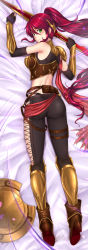 Rule 34 | 1girl, adsouto, alternate costume, asymmetrical clothes, bed sheet, black gloves, black pants, boots, brown footwear, cherry blossoms, crop top, dakimakura (medium), elbow gloves, fingerless gloves, from above, full body, gloves, green eyes, hair between eyes, high heel boots, high heels, highres, holding, holding weapon, long hair, looking at viewer, looking back, lying, midriff, on stomach, pants, pyrrha nikos, red hair, rwby, shield, shiny clothes, solo, very long hair, weapon