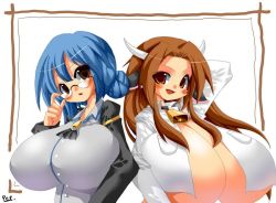 Rule 34 | 2girls, animal ears, artist request, bell, blue hair, blush, borrowed character, breasts, brown eyes, brown hair, cleavage, covered erect nipples, cow ears, cow girl, cow horns, cowbell, gigantic breasts, glasses, horns, huge breasts, long hair, mattie (ego trigger), multiple girls, nipples, open mouth, raine (ego trigger), school uniform, shirt, uniform, white shirt