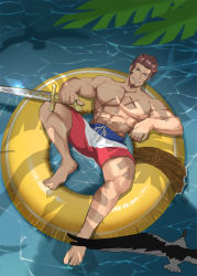 Rule 34 | 1boy, abs, absurdres, armusizhuang, bara, bare pectorals, bird, blue eyes, blue male swimwear, blue swim trunks, brown hair, cross scar, drawstring, facial hair, fate/grand order, fate (series), full body, goatee, highres, innertube, large pectorals, long sideburns, looking at viewer, male focus, male swimwear, multicolored clothes, multicolored male swimwear, multicolored swim trunks, multicolored swimsuit, muscular, napoleon bonaparte (fate), nipples, pectorals, pool, red male swimwear, red swim trunks, scar, scar on chest, short hair, sideburns, simple background, smile, smirk, solo, spread legs, striped, striped male swimwear, striped swim trunks, swim ring, swim trunks, swimsuit, sword, teeth, thick thighs, thighs, weapon, white male swimwear, white swim trunks, yellow innertube