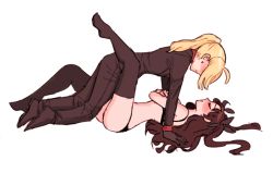 Rule 34 | 2girls, ahoge, all fours, artoria pendragon (all), artoria pendragon (fate), between legs, black bra, black legwear, black panties, blonde hair, blush, bow, bra, breasts, brown hair, closed eyes, commentary, covered eyes, covering privates, covering breasts, crossed arms, dashingicecream, earrings, facing another, fate/stay night, fate (series), formal, from side, full body, girl on top, gloves, hair bow, hair ornament, hair ribbon, hair tie, high ponytail, jewelry, leg lock, leg up, long hair, long sleeves, lying, medium breasts, midriff, multiple girls, on back, panties, pants, ponytail, ribbon, saber (fate), shoes, simple background, spread legs, suit, thighhighs, tohsaka rin, underwear, underwear only, white background, yuri