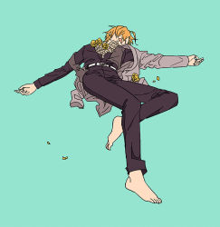 Rule 34 | 1boy, barefoot, blonde hair, flower, formal, hypnosis mic, izanami hifumi, jewelry, money, money in shirt, multicolored hair, petals, rose, sleeping, suit, unconscious, yellow flower, yellow rose