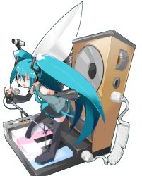 Rule 34 | 1girl, aqua eyes, aqua hair, boots, detached sleeves, hatsune miku, long hair, microphone, microphone stand, necktie, open mouth, pinky out, satellite dish, skirt, solo, speaker, thigh boots, thighhighs, twintails, very long hair, vocaloid, wink, yomi (incubator)