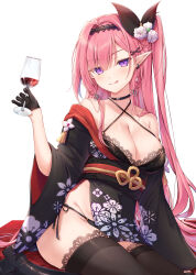 Rule 34 | 1girl, :q, absurdres, alcohol, bare shoulders, black choker, black gloves, black kimono, black panties, black ribbon, black thighhighs, blush, breasts, choker, cleavage, closed mouth, collarbone, commentary request, criss-cross halter, cup, drinking glass, elf, flower, gloves, groin, hair flower, hair ornament, hair ribbon, half gloves, halterneck, highres, holding, holding cup, japanese clothes, kimono, kiri celea, lace, lace-trimmed legwear, lace trim, long hair, long sleeves, looking at viewer, medium breasts, obi, off shoulder, one side up, original, panties, pink hair, pointy ears, purple eyes, ribbon, sash, side-tie panties, simple background, smile, solo, thighhighs, tongue, tongue out, underwear, very long hair, white background, white flower, wide sleeves, wine, wine glass