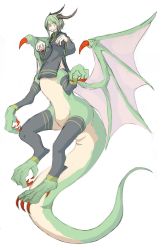 Rule 34 | 1girl, 4138, centauroid, claws, dragon girl, dragon horns, dragon wings, female focus, full body, green hair, highres, horns, monster girl, original, simple background, solo, taur, white background, wings, yellow eyes
