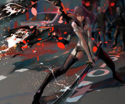 Rule 34 | 1girl, attack, black footwear, blurry, brown hair, car, closed mouth, commentary request, cyberpunk, depth of field, fighting stance, garter straps, highres, holding, holding sword, holding weapon, jittsu, katana, lace, lace-trimmed legwear, lace trim, long hair, mechanical parts, motor vehicle, original, red eyes, ribbon, road, school uniform, serafuku, shirt, short sleeves, slashing, standing, street, sword, thighhighs, weapon