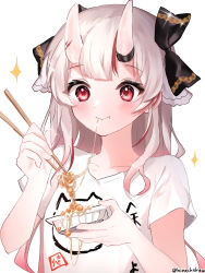 Rule 34 | 1girl, blush, chopsticks, commentary request, eating, food, highres, himechi, holding, holding chopsticks, hololive, horns, long hair, multicolored hair, nakiri ayame, nattou, oni, red eyes, red hair, simple background, skin-covered horns, solo, streaked hair, twitter username, upper body, virtual youtuber, white background, white hair