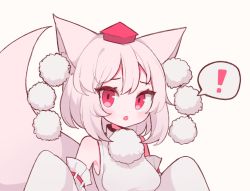 Rule 34 | !, 1girl, aliceyawnin, animal ears, bare shoulders, blush, breasts, commission, detached sleeves, female focus, hands up, hat, inubashiri momiji, looking at viewer, medium breasts, monochrome, open mouth, pom pom (clothes), red eyes, red hat, shirt, short hair, simple background, sleeveless, sleeveless shirt, sleeves past fingers, sleeves past wrists, solo, speech bubble, spoken exclamation mark, tail, tokin hat, touhou, upper body, white background, white hair, white theme, wolf ears, wolf tail
