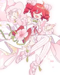 Rule 34 | 1girl, ahoge, bow, bowtie, cherry blossoms, commentary, detached sleeves, dress bow, drill hair, flower, full body, green bow, hair flower, hair ornament, juliet sleeves, kasane teto, knees up, long sleeves, looking at viewer, one eye closed, petals, pink footwear, puffy sleeves, red eyes, red hair, short hair, slippers, smile, solo, striped clothes, striped legwear, striped thighhighs, thighhighs, twin drills, utau, vertical-striped clothes, vertical-striped thighhighs, yoshiki