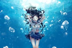 1girl air_bubble arms_up black_hair blue_skirt breasts bubble closed_eyes day facing_viewer female_focus floating_hair highres long_hair medium_breasts navel open_mouth original reito6 shirt skirt smile solo sunlight thighs underwater white_shirt