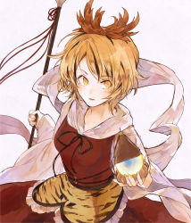Rule 34 | 1girl, animal print, bishamonten&#039;s pagoda, black hair, blonde hair, breasts, dress, hair ornament, hisona (suaritesumi), holding, holding spear, holding weapon, long sleeves, looking at viewer, medium breasts, medium hair, multicolored hair, parted lips, polearm, red dress, shawl, simple background, solo, spear, streaked hair, tiger print, toramaru shou, touhou, weapon, white background, wide sleeves, yellow eyes