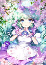 Rule 34 | 1girl, apple caramel, blue eyes, blue sky, blurry, blurry foreground, blush, borrowed character, bow, bowtie, breasts, closed mouth, commission, cowboy shot, creature, curly hair, day, depth of field, dress, fingers together, flower, frilled bow, frilled cuffs, frilled dress, frills, green hair, hair bow, hair flower, hair ornament, hair ribbon, hands up, heart, highres, leaf, light rays, long hair, looking at viewer, medium breasts, original, petals, pink flower, puffy short sleeves, puffy sleeves, purple bow, purple ribbon, rabbit, ribbon, short sleeves, sky, smile, solo, taut clothes, taut dress, twintails, very long hair, white bow, white bowtie, white dress, wrist cuffs