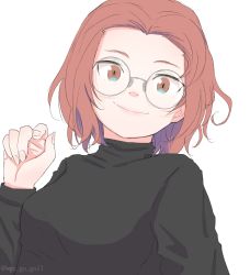 Rule 34 | 1girl, bespectacled, black-framed eyewear, black shirt, brown eyes, casual, closed mouth, commentary, girls und panzer, glasses, head tilt, highres, long sleeves, looking at viewer, medium hair, one-hour drawing challenge, oze (xyz go go11), red hair, rosehip (girls und panzer), round eyewear, shirt, simple background, smile, solo, twitter username, upper body, white background