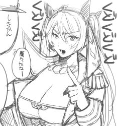 Rule 34 | 1boy, 1girl, anger vein, azur lane, breasts, cleavage, commander (azur lane), commentary request, epaulettes, eyebrows, eyelashes, eyes visible through hair, ezaki papiko, fingernails, full body, grey theme, greyscale, hair between eyes, hair ribbon, hat, highres, index finger raised, jacket, large breasts, long fingernails, long hair, long sleeves, military, military uniform, monochrome, nelson (azur lane), open clothes, open jacket, open mouth, peaked cap, ribbon, simple background, sketch, solo focus, straight hair, teeth, text focus, thought bubble, tongue, translation request, tsurime, twintails, uniform, upper body, very long hair, white background