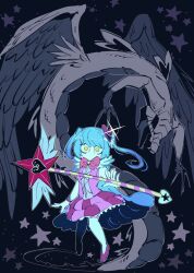 1girl bow bowtie dragon dress feathered_wings full_body gloves hair_ornament heart heart_hair_ornament holding holding_wand lobotomy_corporation looking_at_viewer monster pink_bow pink_bowtie pink_dress project_moon queen_of_hatred sabaage sparkle two_side_up wand white_background white_gloves wide-eyed wings yellow_eyes