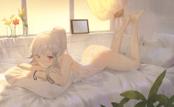 Rule 34 | 1girl, ass, azur lane, bare shoulders, barefoot, braid, breasts, butterfly hair ornament, camisole, cirilla lin, dunkerque (azur lane), feet up, grey hair, hair ornament, highres, indoors, large breasts, long hair, looking at viewer, lying, on bed, on stomach, panties, pillow, ponytail, red eyes, sidelocks, solo, sunset, thighs, underwear, white panties, wristband