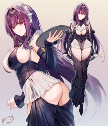 Rule 34 | alternate costume, breasts, cleavage, enmaided, fate/grand order, fate (series), frills, garter straps, hair intakes, highres, large breasts, long hair, maid, maid headdress, obiwan, purple hair, red eyes, scathach (fate), scathach (fate), tray
