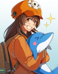 Rule 34 | &gt; &lt;, 1girl, anchor symbol, animal, backpack, bad id, bad pixiv id, bag, blush, brown hair, clenched teeth, commentary request, dolphin, guilty gear, guilty gear strive, highres, holding, holding animal, long hair, long sleeves, looking at viewer, may (guilty gear), orange eyes, orange headwear, skull and crossbones, smile, solo, sparkle, teeth, tsuki mawari randolph