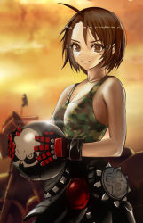 Rule 34 | 1girl, ahoge, biker clothes, black gloves, black jacket, blurry, blurry background, breasts, brown eyes, camouflage, camouflage tank top, capcom, clothes around waist, commentary request, dusk, gloves, unworn headwear, helmet, unworn helmet, highres, holding, holding helmet, jacket, jacket around waist, justice gakuen, kazama akira, leather, leather jacket, lens flare, looking at viewer, motor vehicle, motorcycle, motorcycle helmet, orange sky, red gloves, rokuba, short hair, sky, small breasts, smile, solo, sparkle, standing, street fighter, street fighter v, tank top, two-tone gloves