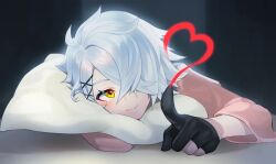 Rule 34 | 1other, androgynous, black gloves, blue hair, blush, closed mouth, drawing on fourth wall, forever 7th capital, gloves, highres, hugging object, long sleeves, looking at viewer, lumeru 33, lying, on stomach, partially fingerless gloves, pillow, pillow hug, pink shirt, shirt, smile, solo, yellow eyes