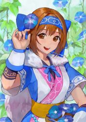 Rule 34 | 1girl, :d, ainu clothes, blue flower, bow, breasts, brown eyes, brown hair, cowboy shot, fingerless gloves, flower, gloves, hairband, highres, looking at viewer, medium breasts, oni gini, open mouth, rimururu, samurai spirits, short hair, short sleeves, smile, snk, solo