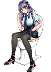 Rule 34 | 10s, 1girl, artist request, black pantyhose, blush, breasts, clothes lift, clothes pull, dagashi kashi, flower, frown, hair flower, hair ornament, high heels, large breasts, looking down, mary janes, nail polish, necktie, panties, panty pull, pantyhose, pantyhose pull, purple hair, shidare hotaru, shoes, short hair, skirt, skirt lift, solo, source request, sweatdrop, toilet, toilet use, underbust, underwear