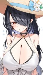 Rule 34 | 1girl, alternate breast size, bare shoulders, black hair, blue archive, blush, breasts, choker, cleavage, collarbone, earrings, flying sweatdrops, hair over one eye, halo, hat, highres, hinata (blue archive), hinata (swimsuit) (blue archive), horn/wood, huge breasts, jewelry, long hair, looking at viewer, low ponytail, one-piece swimsuit, parted lips, red eyes, sun hat, swept bangs, swimsuit, white one-piece swimsuit, yellow hat