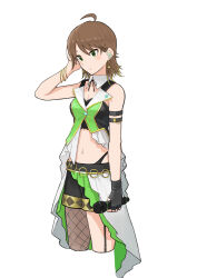 Rule 34 | 1girl, ahoge, armband, awakened miki, bare shoulders, black armband, black gloves, black ribbon, black shirt, blush, breasts, brown hair, chain belt, cleavage, collar, collarbone, crop top, cropped jacket, cropped legs, cropped shirt, detached collar, earphones, earrings, epitaph (1122), fingerless gloves, fishnet pantyhose, fishnets, frilled shirt, frills, front slit, gloves, green eyes, hand on own head, hand up, highres, holding, holding microphone, hoshii miki, idolmaster, idolmaster (classic), idolmaster 1, idolmaster live for you!, jacket, jewelry, looking at another, medium breasts, microphone, midriff, multicolored clothes, multicolored jacket, multiple bracelets, navel, neck ribbon, overskirt, pantyhose, parted lips, ribbon, shirt, short hair, simple background, single glove, single leg pantyhose, sleeveless, sleeveless shirt, solo, standing, star (symbol), star earrings, two-tone jacket, two-tone shorts, two-tone skirt, white background, white collar