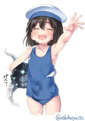 Rule 34 | 1girl, arm up, black hair, blue one-piece swimsuit, blush, breasts, covered navel, daitou (kancolle), ebifurya, enemy naval mine (kancolle), closed eyes, hair between eyes, hat, highres, kantai collection, one-piece swimsuit, open mouth, sailor hat, school swimsuit, short hair, simple background, small breasts, smile, swimsuit, twitter username, white background