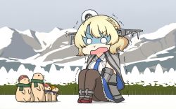 Rule 34 | 1girl, animal, beanie, black pantyhose, blonde hair, breasts, capelet, clothed animal, cold, colorado (kancolle), day, dress, elbow gloves, garrison cap, gloves, hamu koutarou, hat, headgear, highres, icicle, kantai collection, mountain, open mouth, outdoors, pantyhose, scarf, shaded face, short hair, sitting, sky, snow