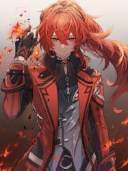 Rule 34 | 1boy, black gloves, chain, closed mouth, crossed bangs, diluc (genshin impact), diluc (red dead of night) (genshin impact), fire, fur trim, genshin impact, gloves, gradient background, hair between eyes, highres, jacket, long hair, long sleeves, looking at viewer, male focus, multicolored clothes, multicolored gloves, non koto27, ponytail, red gloves, red hair, red jacket, solo, upper body