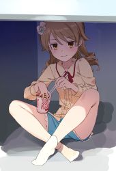Rule 34 | 1girl, absurdres, bare legs, chopsticks, commentary request, drill hair, earrings, flower, hair flower, hair ornament, highres, idolmaster, idolmaster cinderella girls, jewelry, knees up, long hair, long sleeves, looking at viewer, morikubo nono, neck ribbon, nissin cup noodle, no shoes, nyum, ribbon, ringlets, shirt, shorts, sitting, socks, solo, thighs, under the desk, white socks, yellow eyes, yellow shirt
