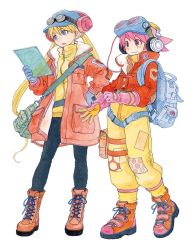 Rule 34 | 2girls, adjusting clothes, adjusting gloves, azuma kiyohiko, backpack, bag, blonde hair, blue eyes, blush, boots, full body, gloves, goggles, goggles on head, goggles on headwear, hand on own hip, hat, headphones, highres, holding, jacket, long hair, long sleeves, multiple girls, official art, open mouth, pants, patch, pink eyes, pink hair, pocket, reset (wonder festival), short hair, simple background, smile, spiked hair, standing, turtleneck, twintails, wanda (wonder festival), white background, wonder festival, wonder festival mascots