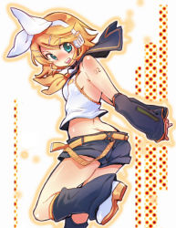Rule 34 | 1girl, blonde hair, bow, butt crack, detached sleeves, female focus, green eyes, hair bow, headset, james hotate, kagamine rin, looking back, open mouth, sailor collar, short hair, shorts, solo, vocaloid, white background