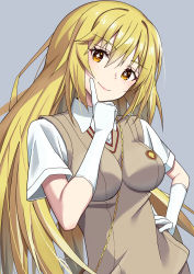 Rule 34 | 1girl, absurdres, bag, blonde hair, breasts, chain, chain between breasts, closed mouth, collared shirt, elbow gloves, emblem, finger to cheek, gloves, grey background, hair between eyes, hand on own hip, handbag, highres, large breasts, long hair, looking at viewer, school uniform, shirt, shokuhou misaki, smile, solo, star-shaped pupils, star (symbol), sweater vest, symbol-shaped pupils, toaru kagaku no mental out, toaru kagaku no railgun, toaru majutsu no index, tokiwadai school uniform, upper body, white gloves, white shirt, yellow eyes, yuuko (oruta)