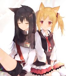 Rule 34 | 2girls, :o, animal ear fluff, animal ears, arknights, bad id, bad pixiv id, between legs, black capelet, black gloves, black hair, black shorts, black vest, blonde hair, blush, capelet, closed mouth, collared shirt, fingerless gloves, gloves, hair between eyes, hand between legs, jacket, long hair, long sleeves, multiple girls, parted lips, pleated skirt, puffy long sleeves, puffy sleeves, red eyes, red skirt, shirt, short shorts, shorts, sitting, skirt, sora (arknights), texas (arknights), thighhighs, toufu mentaru zabuton, twintails, very long hair, vest, white background, white jacket, white legwear, white shirt