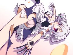 Rule 34 | 1girl, 9law, bad id, bad pixiv id, between fingers, female focus, holding, izayoi sakuya, knife, maid, panties, short hair, silver hair, solo, throwing knife, torn clothes, touhou, underwear, weapon