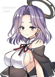 Rule 34 | 1girl, black capelet, breasts, capelet, commentary request, fathom, hair between eyes, halo, highres, kantai collection, large breasts, looking at viewer, mechanical halo, one-hour drawing challenge, purple eyes, purple hair, short hair, sideboob, simple background, sleeveless, solo, tatsuta (kancolle), twitter username, upper body, white background