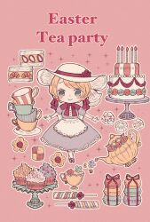 Rule 34 | 1girl, apron, blonde hair, blue eyes, cake, cake stand, candle, candy, cerika, checkerboard cookie, cookie, cup, dress, easter, english text, flower, food, full body, hat, highres, macaron, muffin, original, outline, pantyhose, pink background, purple dress, red footwear, red ribbon, ribbon, solo, sparkle, teacup, thumbprint cookie, waist apron, white hat, white outline, white pantyhose