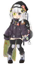 Rule 34 | 1girl, @ @, backpack, bag, bailingxiao jiu, beanie, black hat, black jacket, black thighhighs, boots, eyepatch, full body, garlic, goggles, goggles on head, grey eyes, grey footwear, hair ornament, hat, highres, jacket, keyhole, knee pads, long sleeves, map, original, pigeon-toed, silver hair, simple background, sleeves past fingers, sleeves past wrists, solo, standing, sweat, tears, thighhighs, white background