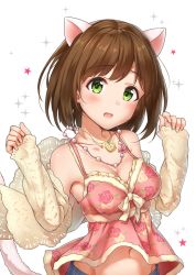 Rule 34 | 10s, 1girl, animal ears, blush, breasts, brown hair, cat ears, cat tail, cleavage, collarbone, fang, floral print, green eyes, highres, idolmaster, idolmaster cinderella girls, jewelry, long sleeves, looking at viewer, maekawa miku, medium breasts, navel, necklace, revision, short hair, simple background, solo, star (symbol), tail, takeashiro, white background