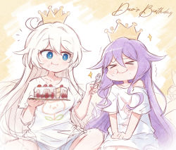 2girls blue_eyes cake closed_eyes closed_mouth cloud crown diaoxian_kuangmo eating food food_on_face fork hair_between_eyes happy_birthday holding holding_fork holding_plate honkai_(series) honkai_impact_3rd kiana_kaslana long_hair multiple_girls plate purple_hair shirt short_sleeves sirin white_hair white_shirt