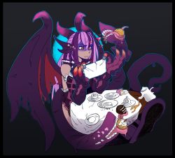 Rule 34 | 1girl, animal ears, animal hands, bad link, bare shoulders, black border, border, cake, chair, claws, closed mouth, cup, dragon girl, dragon horns, dragon tail, dragon wings, eating, elbow gloves, fins, food, gloves, grey background, head fins, highres, holding, horns, ice cream, jabberwock (monster girl encyclopedia), letter, monster girl, monster girl encyclopedia, multicolored hair, pastry, pink hair, prehensile tail, purple hair, ramenwarwok, red eyes, second-party source, shaded face, simple background, snake, solo, streaked hair, table, tail, teacup, teapot, tentacles, tongue, tongue out, tray, wings