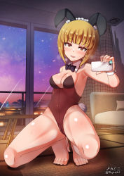 Rule 34 | 1girl, animal ears, bare legs, barefoot, black leotard, blonde hair, blush, breasts, cameltoe, cellphone, cleavage, covered navel, cutlass (girls und panzer), fake animal ears, fake tail, girls und panzer, highres, indoors, iphone, keneling, large breasts, legs, leotard, looking at viewer, maid headdress, megadeko, no pantyhose, open mouth, phone, playboy bunny, rabbit ears, rabbit tail, selfie, short hair, smartphone, smile, solo, tail, taking picture, thighs, window, yellow eyes